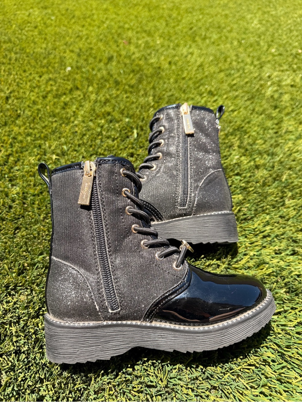 Michael Kors Black Patent & Glitter Heart Lace-Up Kids Boots - Picture 4 of 6